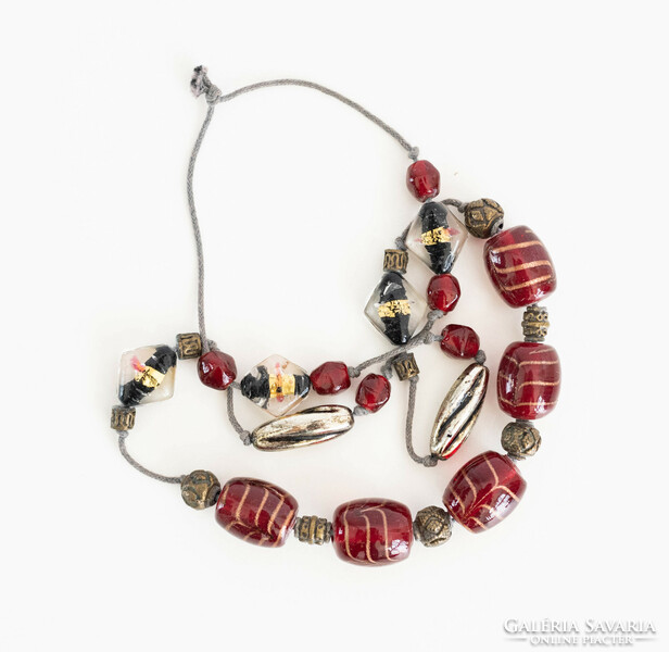 Vintage necklace with huge Murano style handmade glass beads and metal ornaments