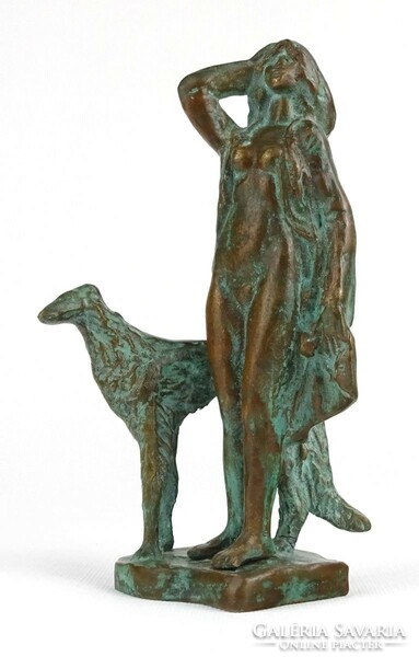 1P136 rado Károly bronze sculpture: female nude with dog 18 cm