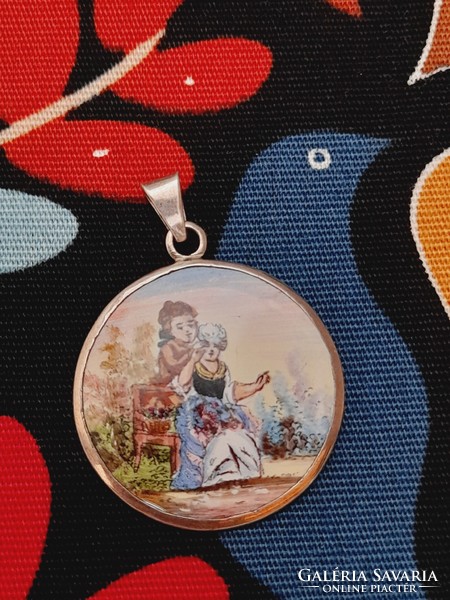 Silver-plated fire enamel pendant, painted enamel with a romantic scene, 3.1 cm