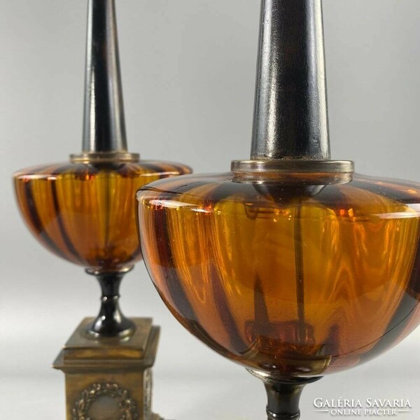Leviton nagyméretű amerikai empír stílusú réz, üveg asztali lámpa pár
