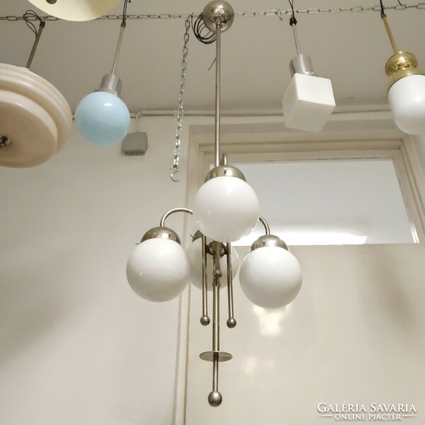 Art deco - streamline - bauhaus 4-arm nickel-plated chandelier renovated - milk glass spherical shade