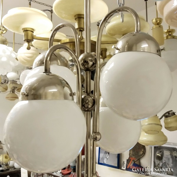 Art deco  -  Streamline  -  Bauhaus 4 karos nikkelezett csillár felújítva  -  tejüveg gömb búra