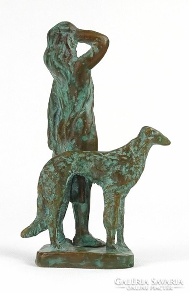 1P136 Radó Károly bronz kisplasztika : Női akt kutyával 18 cm