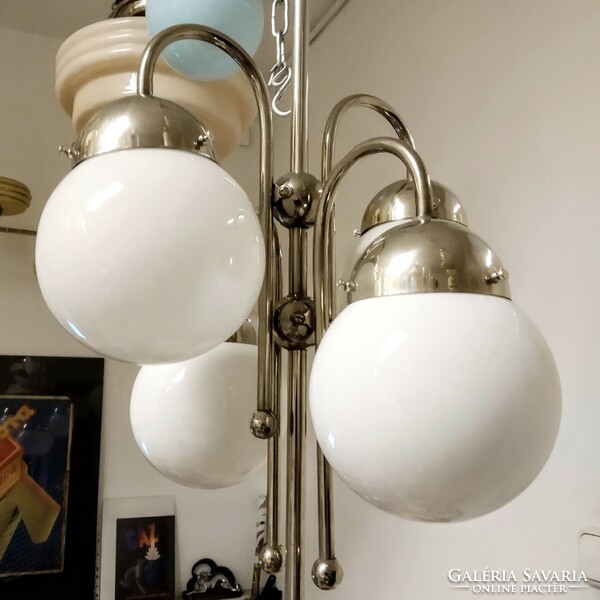 Art deco - streamline - bauhaus 4-arm nickel-plated chandelier renovated - milk glass spherical shade