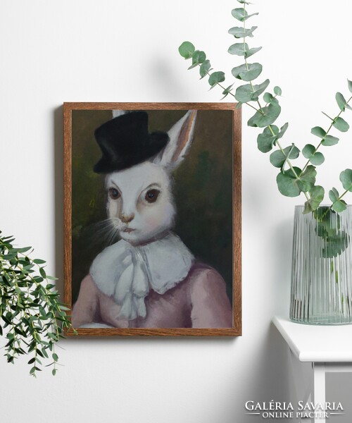 Charming bunny in hat, vintage dress, digital image in oil painting style, printable file
