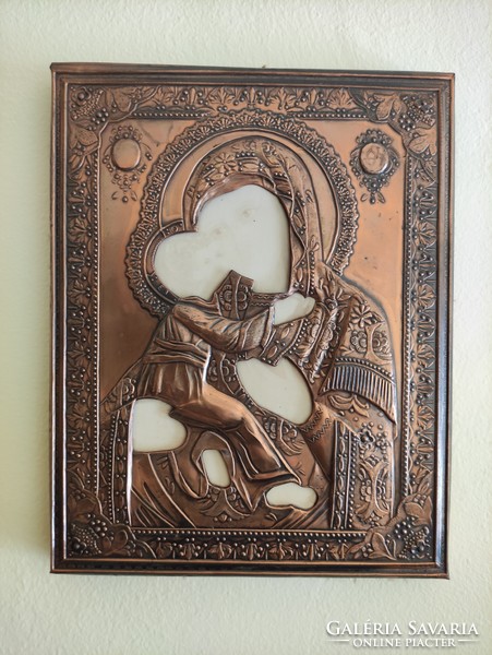 Virgin Mary with baby Jesus red copper icon frame holy picture base
