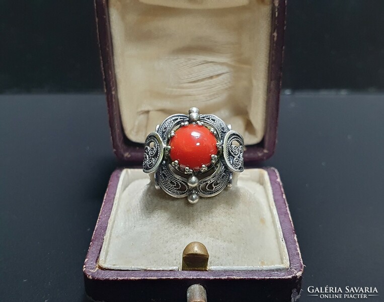 Handmade coral stone silver ring