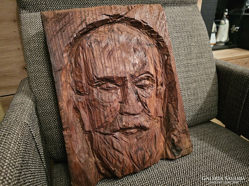 Ferenc Polyák - portrait woodcarver from Matkópuszta carved with an ax 39x30 cm 40,000 ft + postage