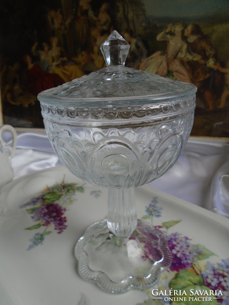 Covered, decorative glass storage, serving, sugar bowl, table centre.
