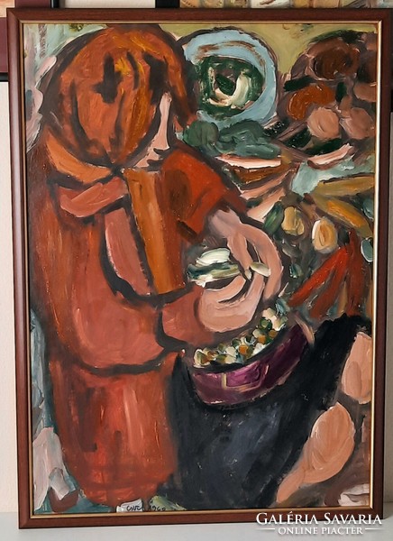 Miklós Németh: girl with a basket, 1960, painting
