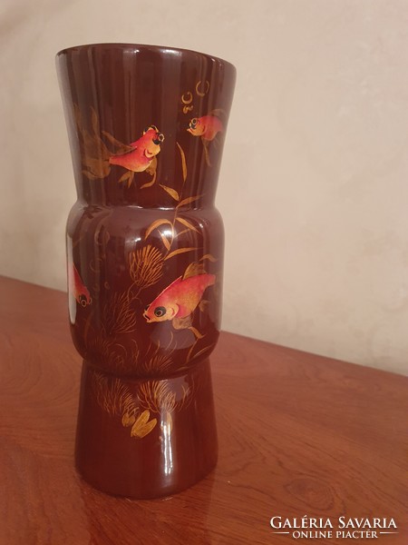 Festett fa lakk váza hal motívumokkal