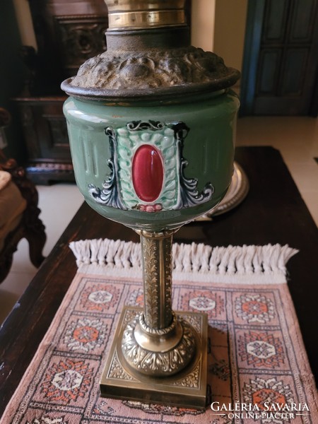 Antique large copper + majolica petroleum lamp