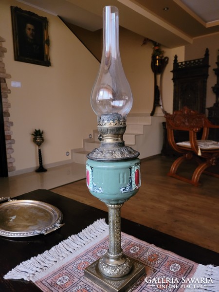 Antique large copper + majolica petroleum lamp