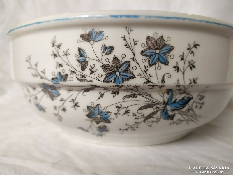 Régi vastagfalú porcelán füles festett virágos komatál pörköltes tál