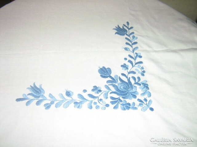 Beautiful antique Kalocsa tablecloth, hand-embroidered with traditional blue thread and crocheted on the edge