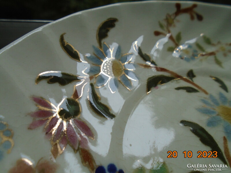 Antique Zsolnay family seal majolica plate with gold contoured floral designs