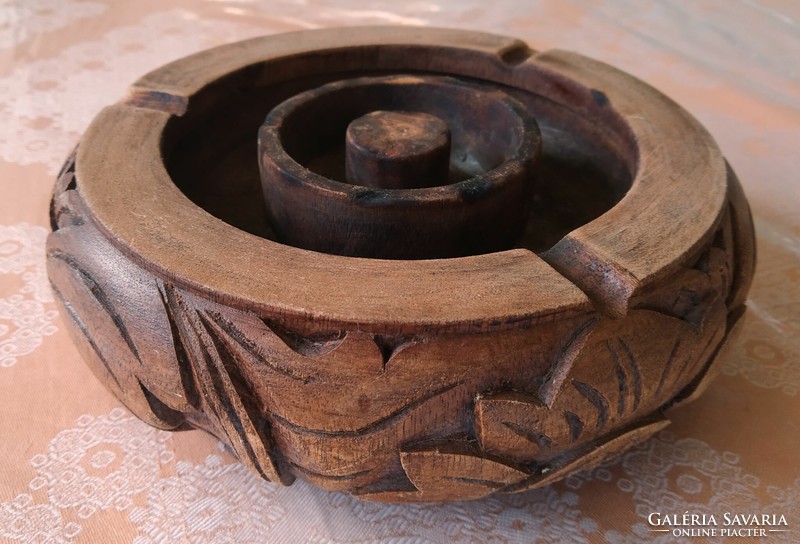 Carved, turned wooden ashtray (70+ years old)