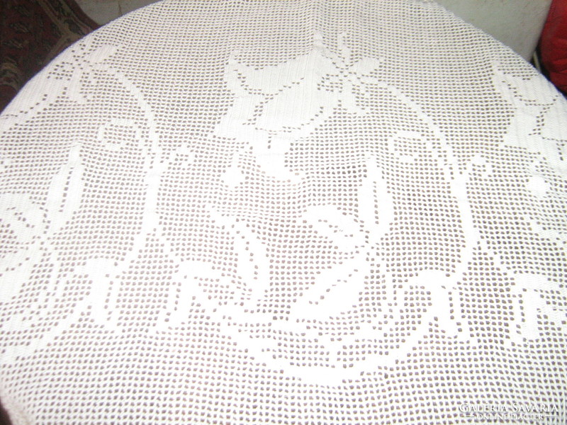Beautiful antique hand-crocheted snow-white bluebell stained glass curtain or tablecloth