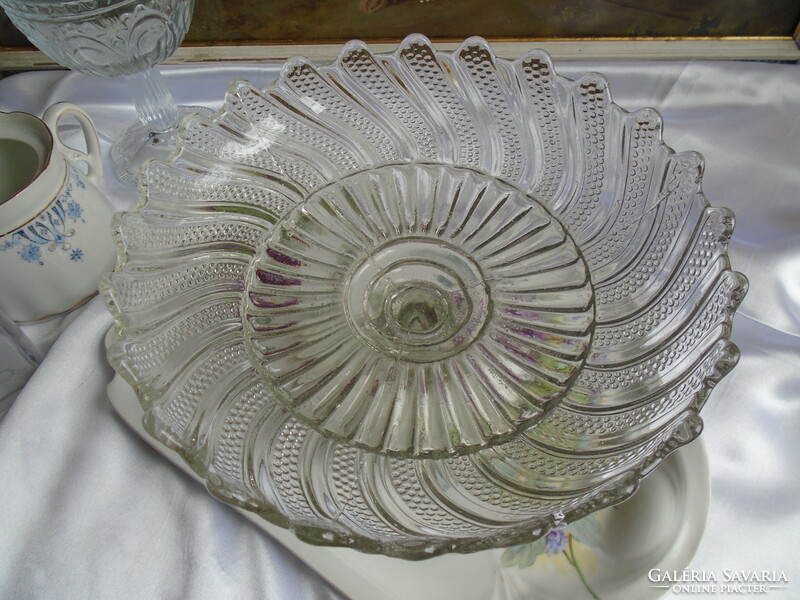 Glass bowl with base, centerpiece, serving tray.