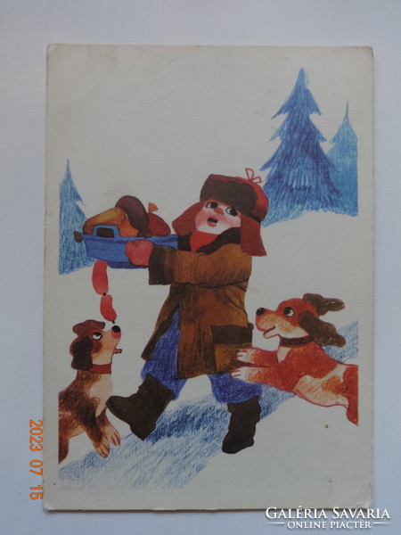 Régi grafikus karácsonyi üdvözlő képeslap - Tomaska Irén rajz