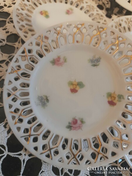 Old Czech porcelain dessert set with a small flower pattern with openwork edges