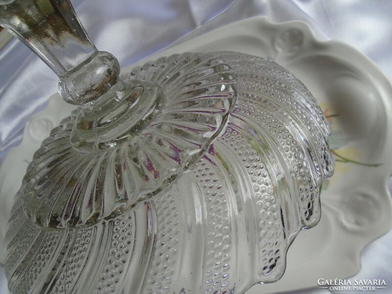 Glass bowl with base, centerpiece, serving tray.