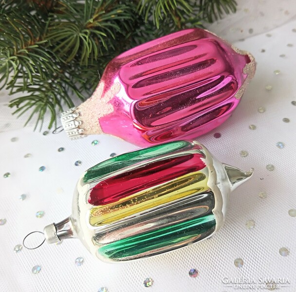 Régi üveg csíkos és rózsaszín lampion karácsonyfa dísz 8-9.5cm darabonként