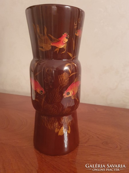 Painted wooden lacquer vase with fish motifs