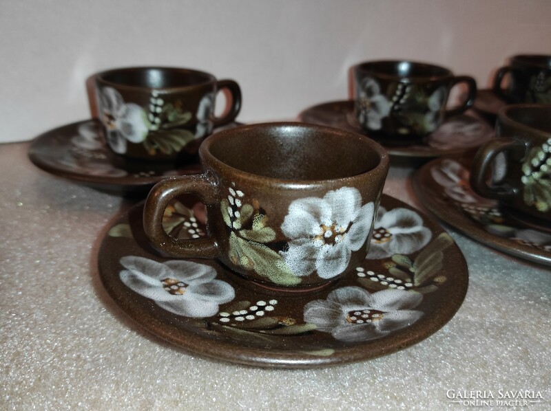 Városlőd ceramic coffee set, 6 cups + saucer, hand painted, flawless, good condition, 1970s-80s