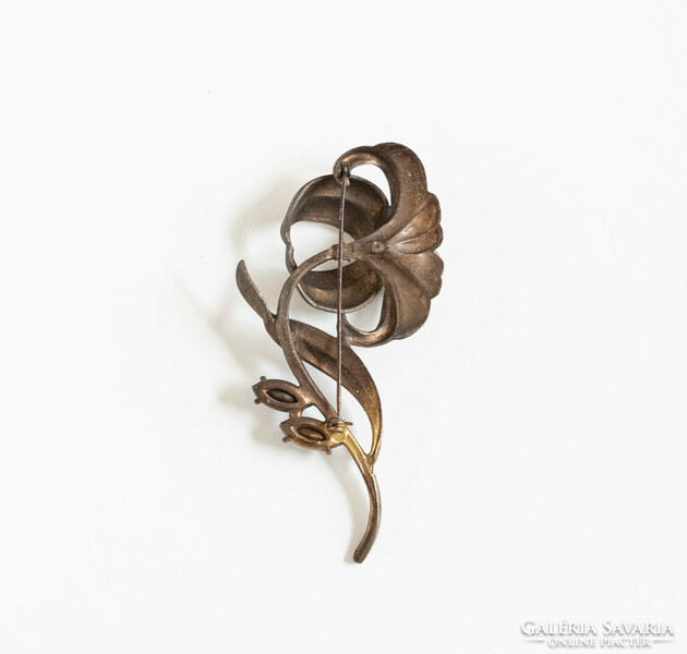 Hatalmas antik virágszál formájú bross - vintage melltű, kitűző zománc és üvegkő díszítéssel, gyöngy