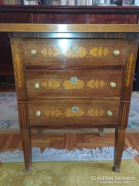 Bedside table with inlaid drawers, small wardrobe