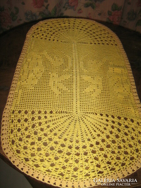 Beautiful handmade yellow crochet tablecloth running