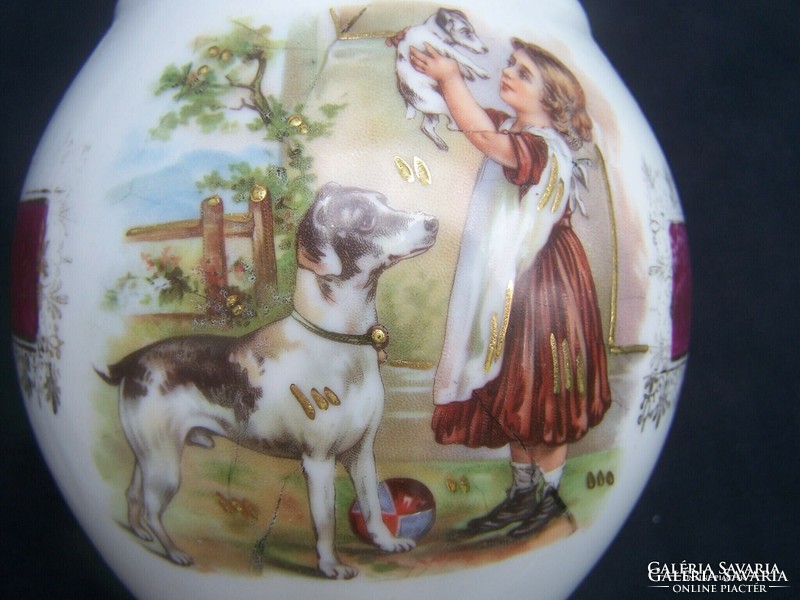 Pitcher - depicting a little girl with dogs. With colorful figural painting and gilding