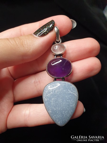 Rarity!!! Beautiful silver combined pendant with angelite amethyst rose quartz stone