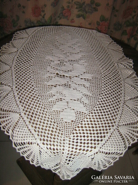 Beautiful white antique handmade crocheted rose boat shaped tablecloth