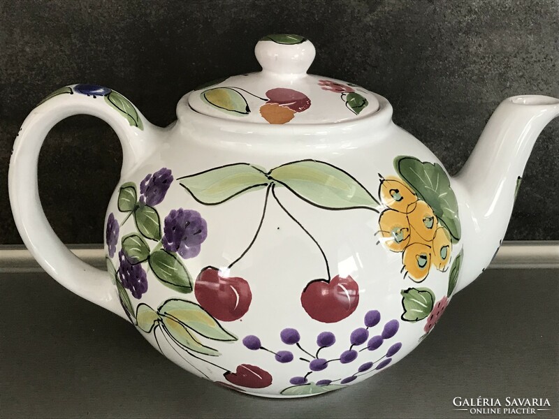 Sárospataki ceramic teapot with hand-painted fruit pattern, approx. 1.5 L