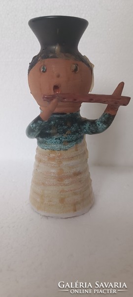 Little pink Ilona flute-playing musician ceramic figure with candle holder