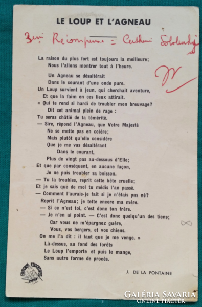 JEAN DE LA FONTAINE MESE.....A FARKAS ÉS A BÁRÁNY meselap, "képeslap", kártyalap