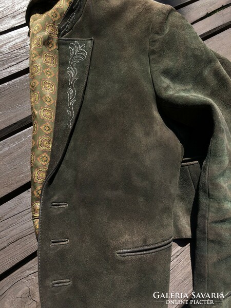 XX. század eleji zöld bőr hagyományőrző kabát Ferenc József gombokkal