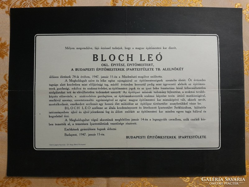 Bloch Leo építész,  alelnök gyászjelentése