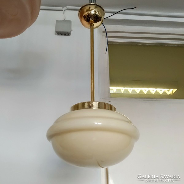 Art deco - Bauhaus réz mennyezeti lámpa felújítva - krémszín búrával (UFO)
