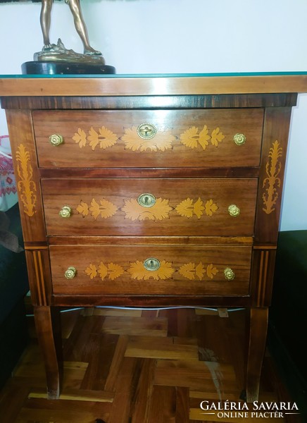 Bedside table with inlaid drawers, small wardrobe