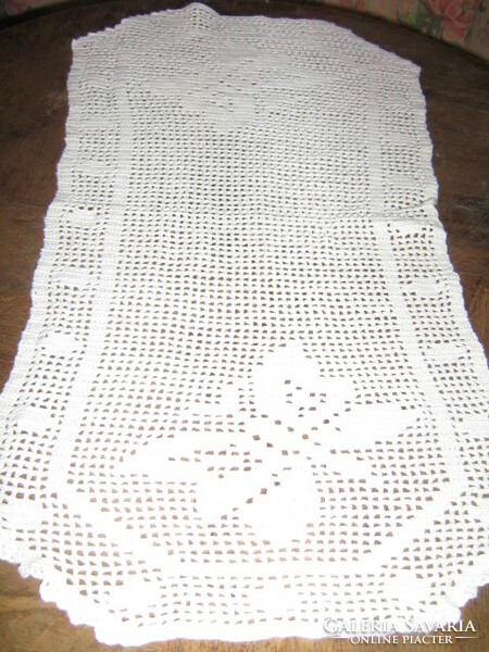 Beautiful handmade crochet white butterfly patterned tablecloth running