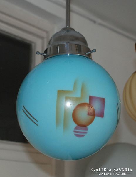 Art deco chromed ceiling lamp renovated - blue dome - geometric spritz decor painting