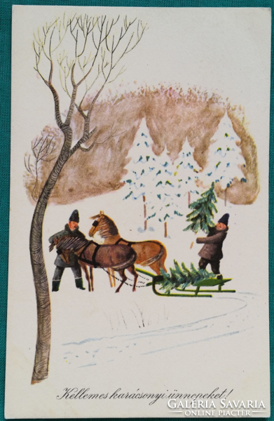 Old graphic Christmas greeting card, drawing by Miklós Gyóry, used, 1966