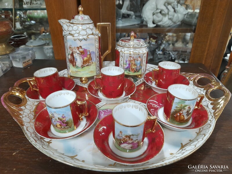 Alt Wien hand-painted, gilded hinge, scenic porcelain coffee and tea cup set, with tray.