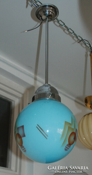 Art deco chromed ceiling lamp renovated - blue dome - geometric spritz decor painting