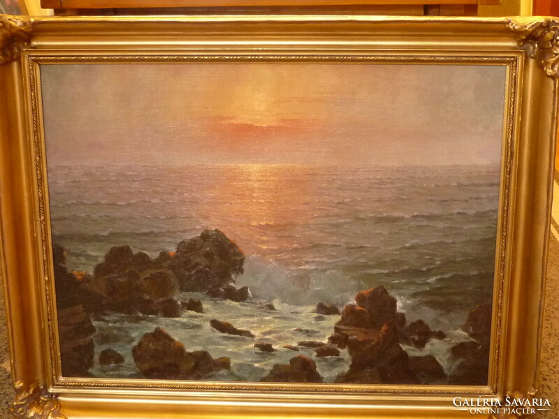 For sale ján grotkovský: setting sun on the horizon sea large oil canvas painting
