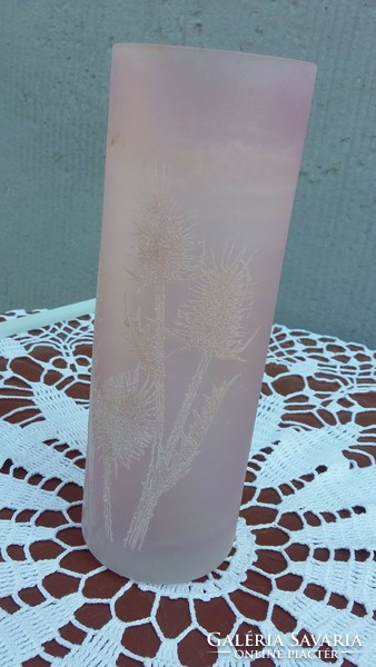 Pink glass vase with a thistle pattern