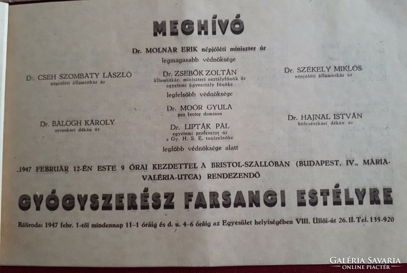 Meghívó Gyógyszerész Farsangi Estélyre 1947